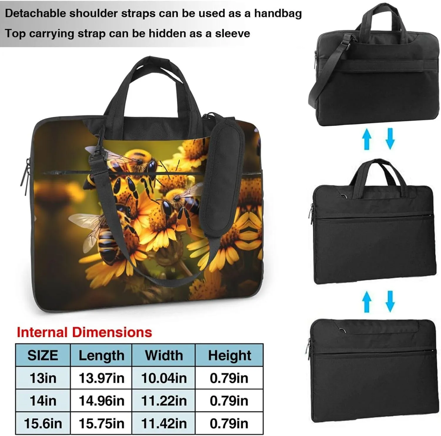 Rural Honey Bees flowers Print Laptop Bag Messenger Bag Case Men Women Water-Resistant with Handle Shoulder Strap