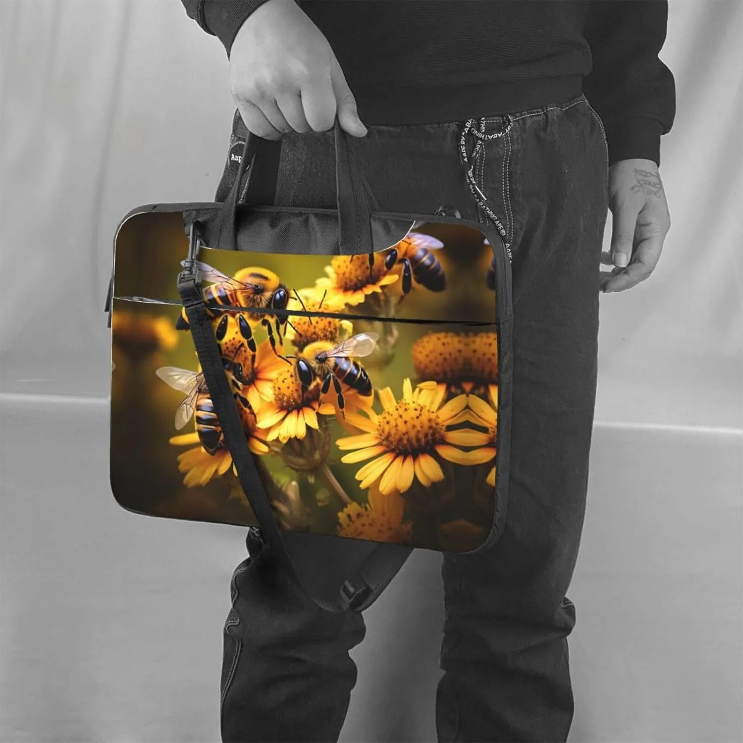 Rural Honey Bees flowers Print Laptop Bag Messenger Bag Case Men Women Water-Resistant with Handle Shoulder Strap