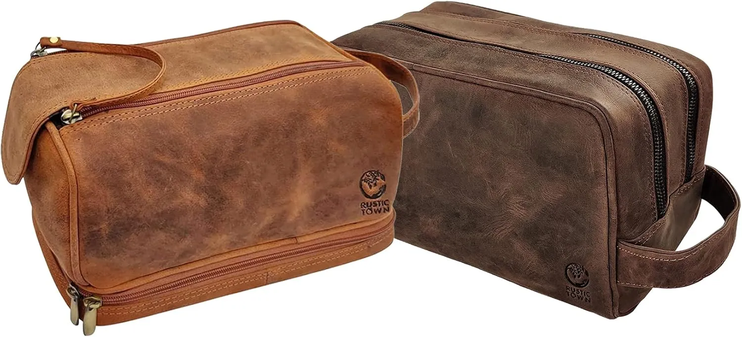 RUSTIC TOWN Vintage Leather Toiletry Bag Combo - Set of 2 - Full Grain Leather Travel Dopp Kits