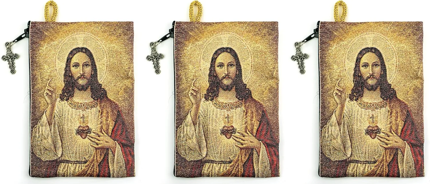 Sacred Heart of Jesus & Immaculate Heart of Mary, Bulk Catholic Icon Coin Purses, Small Fabric Zipper Pouch, Women's Travel Wallet for Phone & Change, Clutch Purse for Rosaries & Religious Trinkets