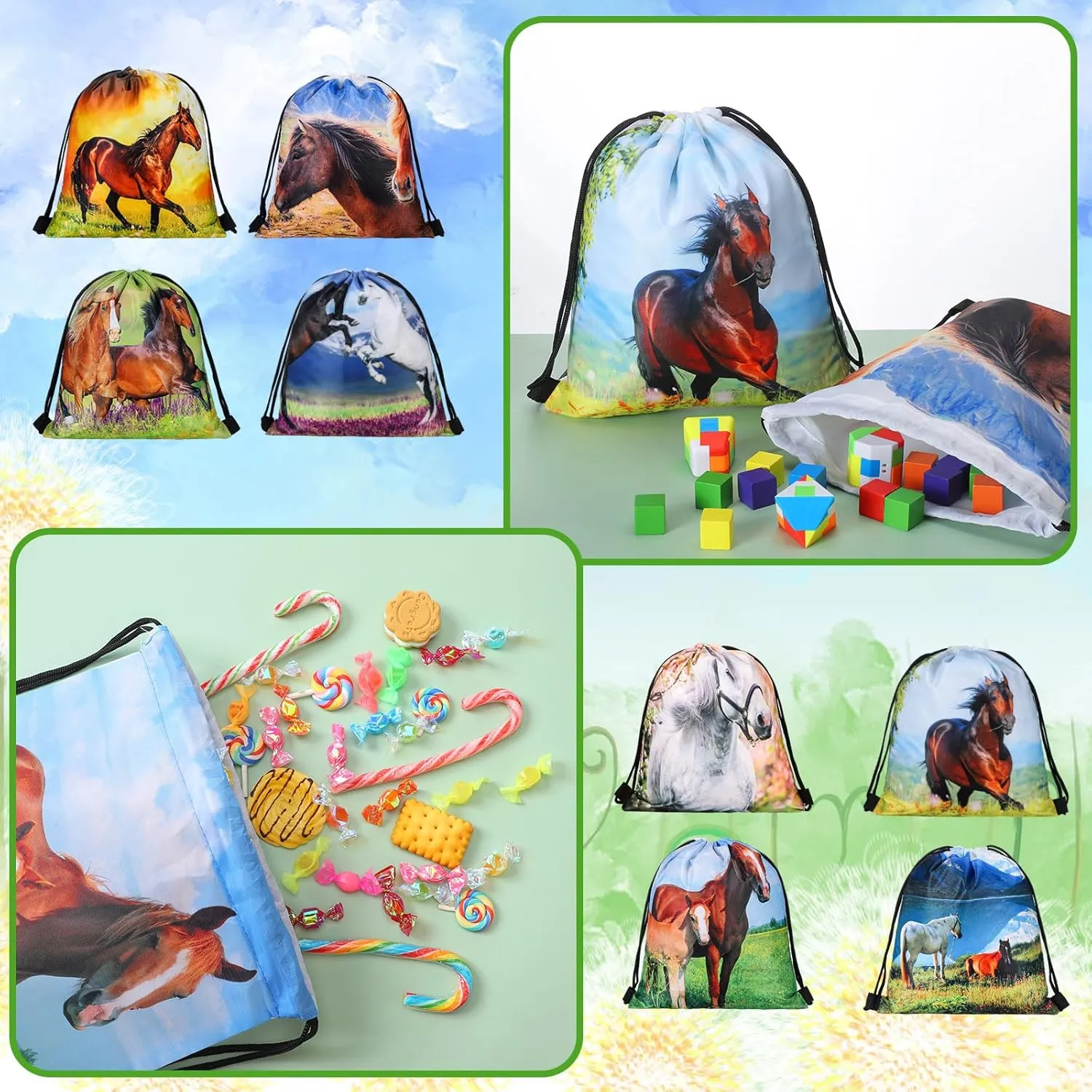 Saintrygo 30 Pcs Horse Themed Party Supplies Horse Birthday Favor Bags Drawstring Goodie Candy Bags
