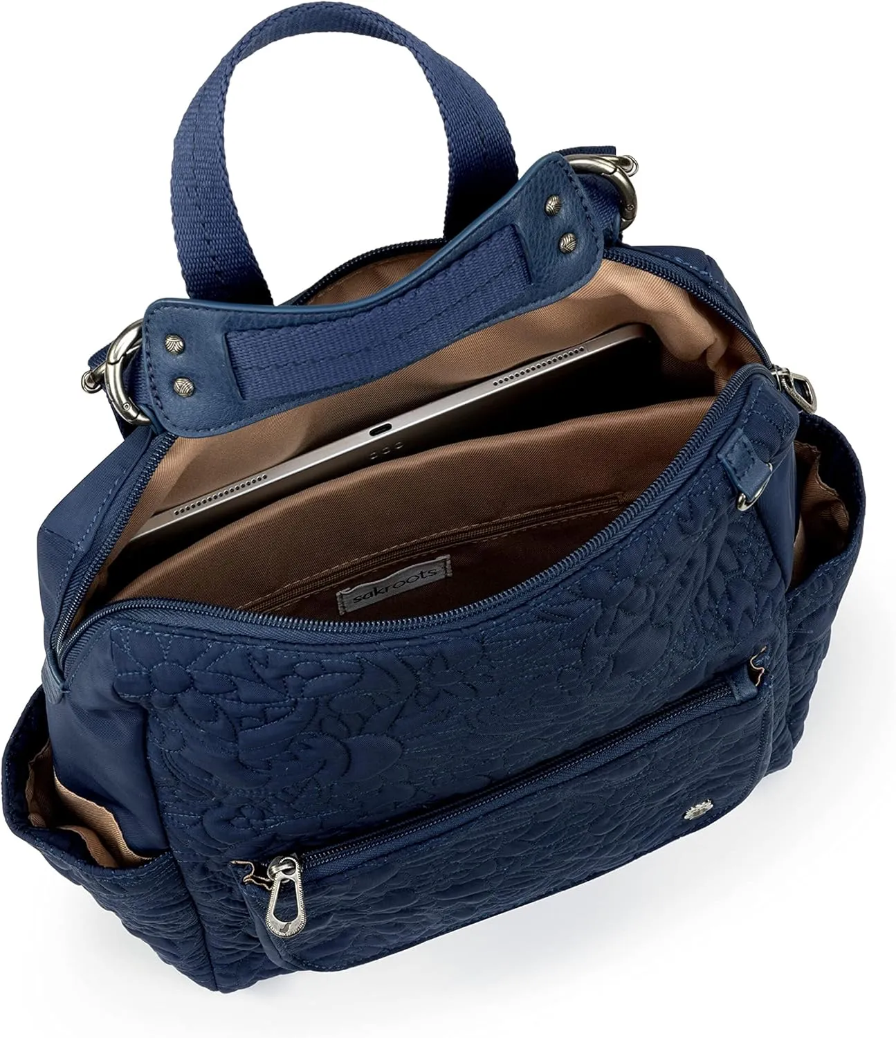 Sakroots womens Eco-twill Convertible Loyola Backpack in Eco Twill Adjustable Crossbody Strap Multifunctional Bag with Laptop Compartmen, Quilted Navy Spirit Desert, One Size US