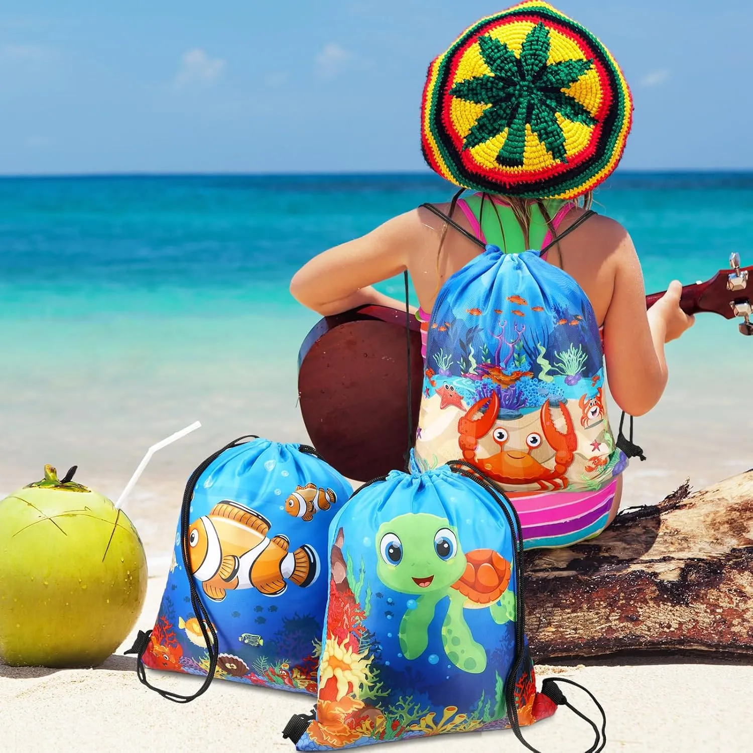 Sanwuta 18 Pcs Under the Sea Party Favor Bags Goodie Ocean Gift Drawstring Bags Beach Sea Animal Candy Treat Drawstring Backpack for Summer Birthday Party Decor Baby Shower Supplies (Classic Style)