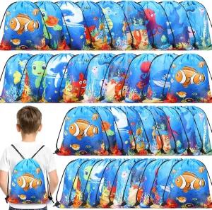 Sanwuta 18 Pcs Under the Sea Party Favor Bags Goodie Ocean Gift Drawstring Bags Beach Sea Animal Candy Treat Drawstring Backpack for Summer Birthday Party Decor Baby Shower Supplies (Classic Style)