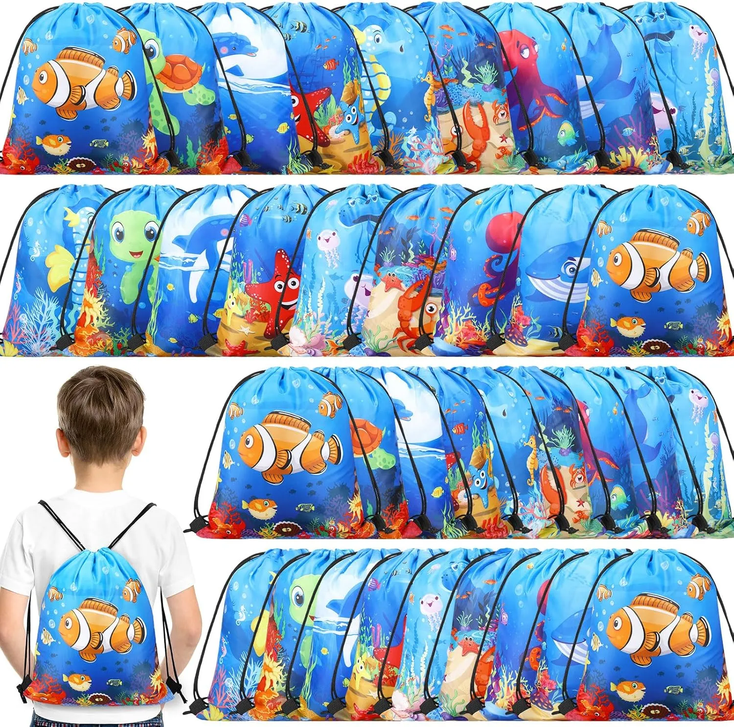Sanwuta 18 Pcs Under the Sea Party Favor Bags Goodie Ocean Gift Drawstring Bags Beach Sea Animal Candy Treat Drawstring Backpack for Summer Birthday Party Decor Baby Shower Supplies (Classic Style)