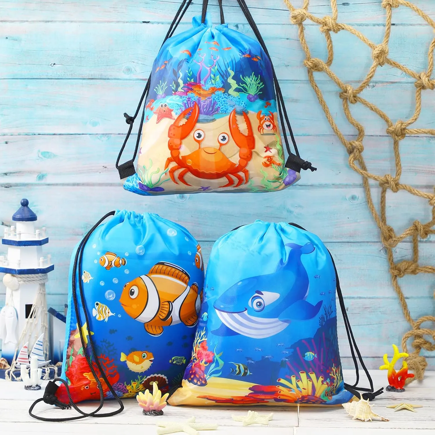 Sanwuta 18 Pcs Under the Sea Party Favor Bags Goodie Ocean Gift Drawstring Bags Beach Sea Animal Candy Treat Drawstring Backpack for Summer Birthday Party Decor Baby Shower Supplies (Classic Style)