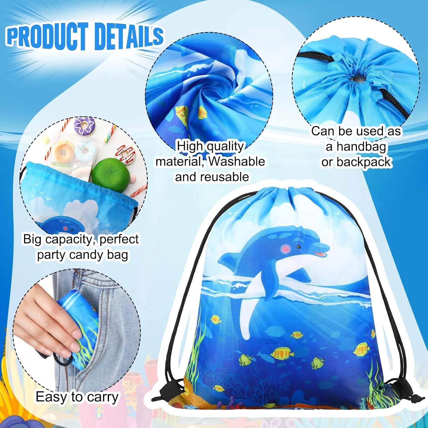 Sanwuta 18 Pcs Under the Sea Party Favor Bags Goodie Ocean Gift Drawstring Bags Beach Sea Animal Candy Treat Drawstring Backpack for Summer Birthday Party Decor Baby Shower Supplies (Classic Style)