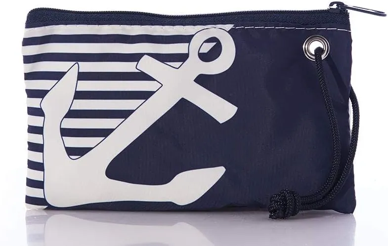 Sea Bags Recycled Sail Cloth Breton Stripe White Anchor Wristlet Zip Top Wristlet Clutch Zippered Wallet with Strap
