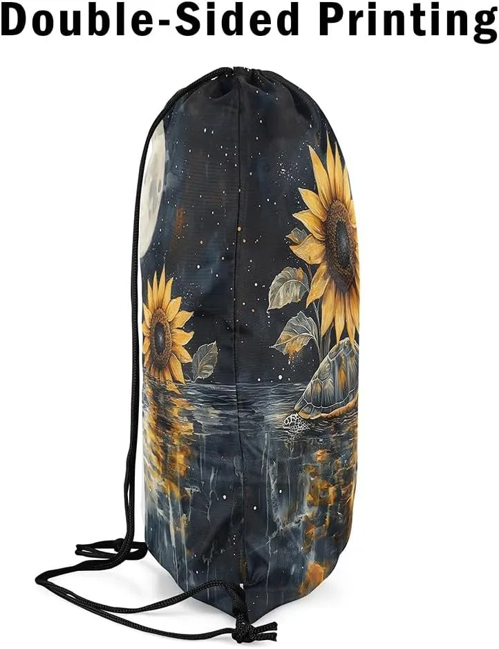 Sea Turtle Drawstring Backpack Watercolor Sunflower Star Moon String Bag Shoulder Bags Marine Life Tortoise Drawstring Bags for Picnic Gym Sport Travel