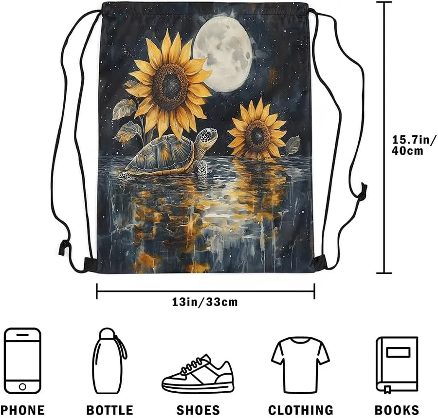 Sea Turtle Drawstring Backpack Watercolor Sunflower Star Moon String Bag Shoulder Bags Marine Life Tortoise Drawstring Bags for Picnic Gym Sport Travel