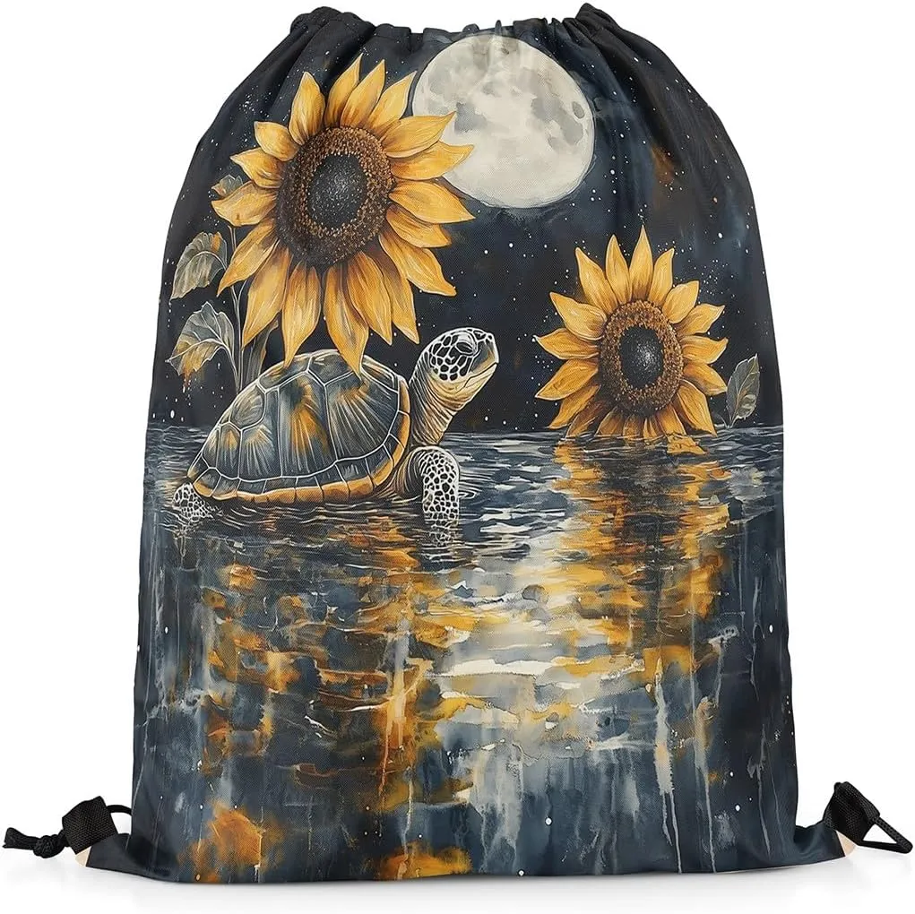 Sea Turtle Drawstring Backpack Watercolor Sunflower Star Moon String Bag Shoulder Bags Marine Life Tortoise Drawstring Bags for Picnic Gym Sport Travel