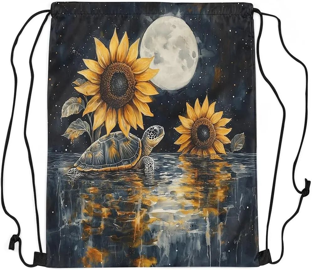 Sea Turtle Drawstring Backpack Watercolor Sunflower Star Moon String Bag Shoulder Bags Marine Life Tortoise Drawstring Bags for Picnic Gym Sport Travel