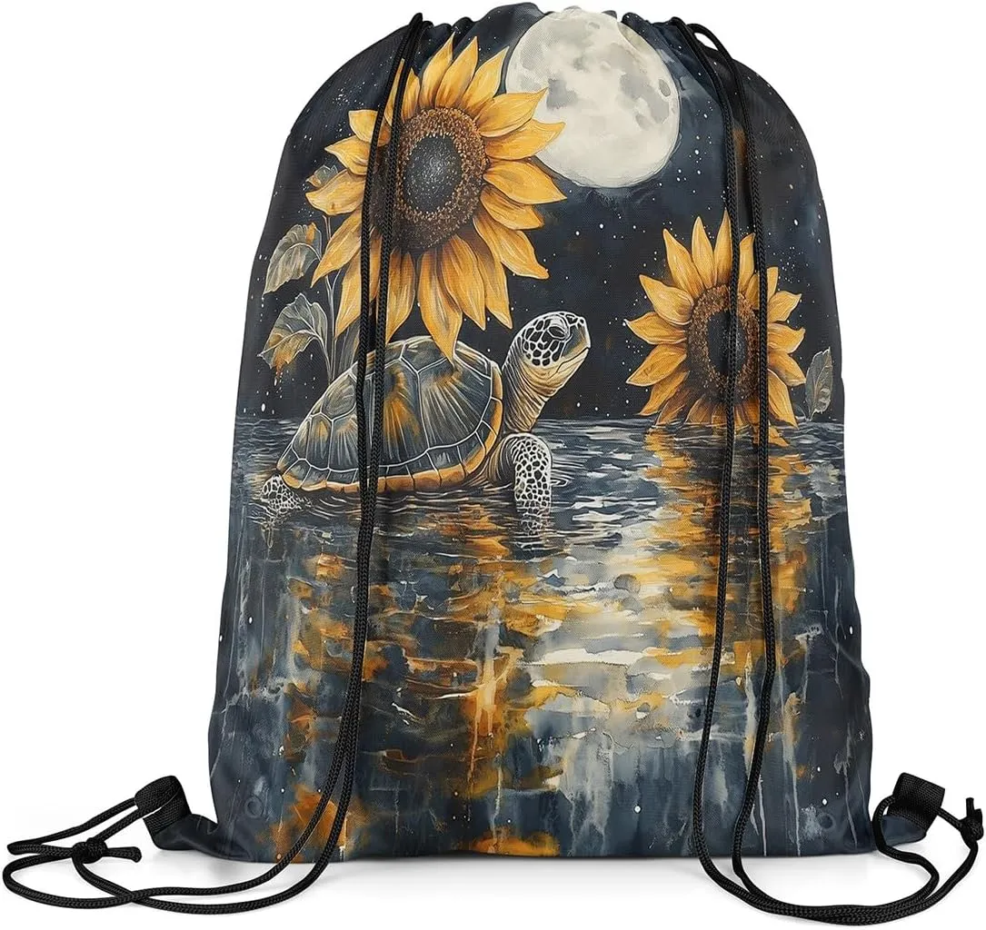 Sea Turtle Drawstring Backpack Watercolor Sunflower Star Moon String Bag Shoulder Bags Marine Life Tortoise Drawstring Bags for Picnic Gym Sport Travel