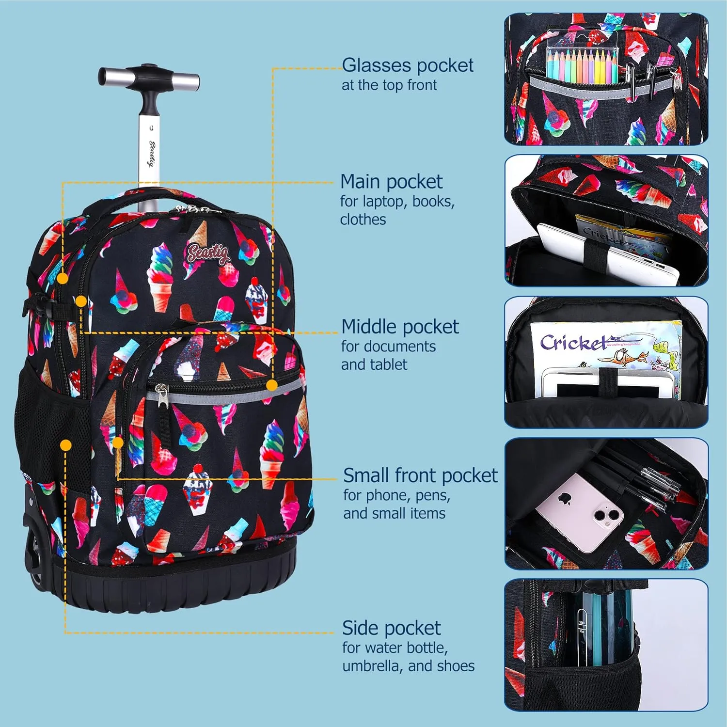 seastig Rolling Backpack 18in Wheeled Backpack with lunch bag and Pencil Case Set Roller Backpack Laptop Backpack Adults Kids