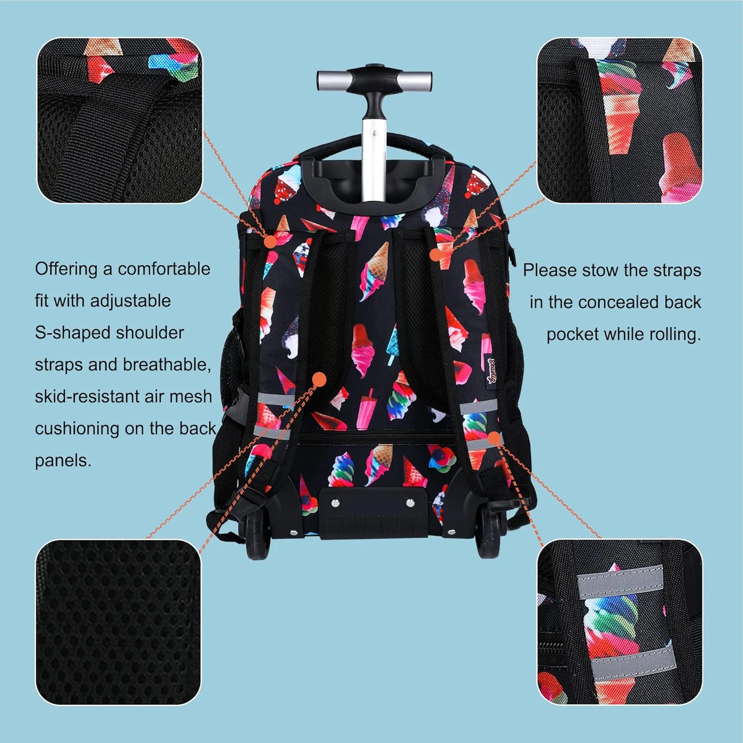 seastig Rolling Backpack 18in Wheeled Backpack with lunch bag and Pencil Case Set Roller Backpack Laptop Backpack Adults Kids