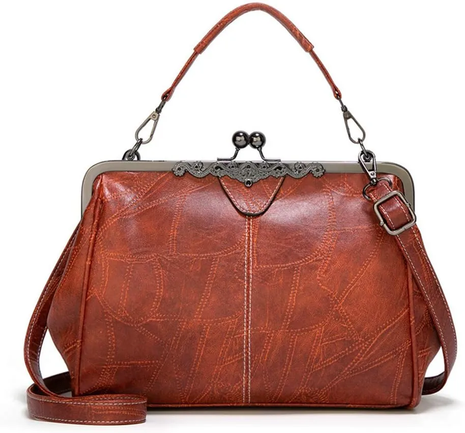 Segater® Women Retro Hollow Oil Wax PU Leather Handbag Kiss Lock Crossbody Purse Vintage Messenger Bag Tote