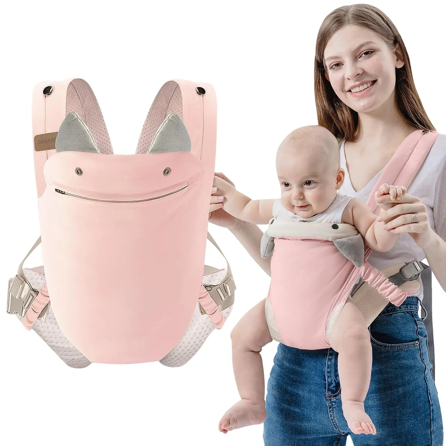 SERAPHY Baby Carrier with Pocket, 4-in-1 Breathable Infant Carrier Newborn to Toddler, Adjustable Multi-Position Baby Sling for Babies 3-36M (15-35lbs)-Pink
