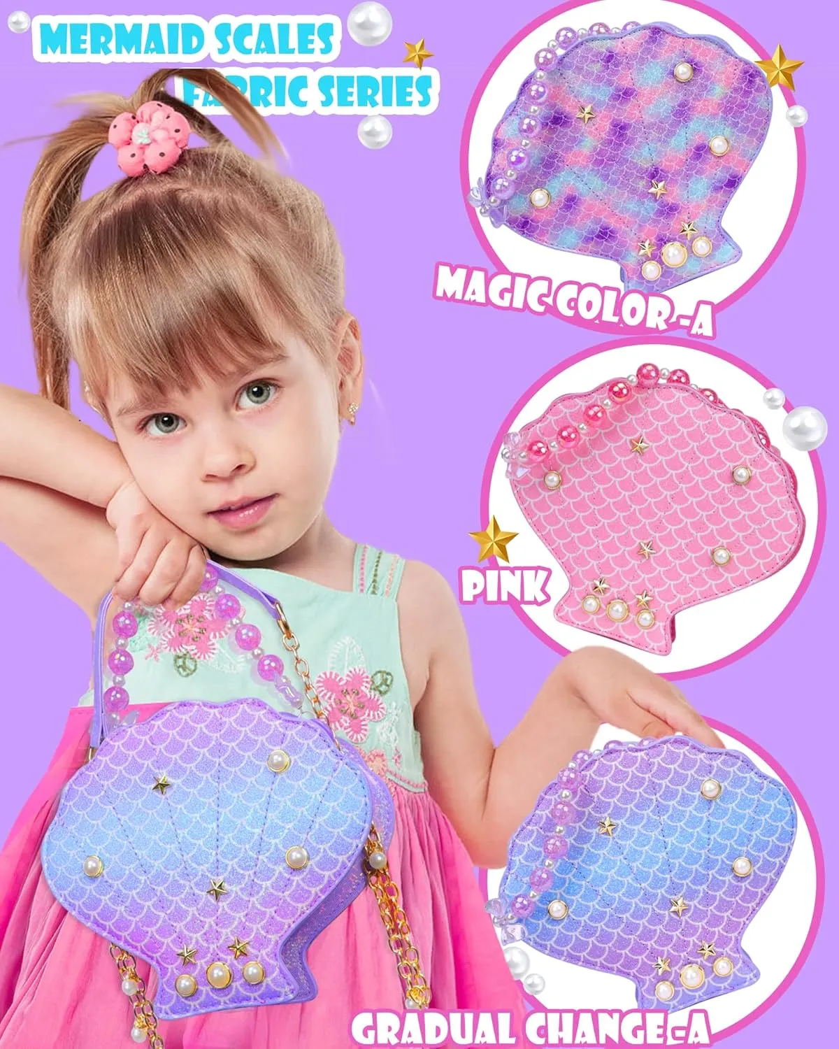 Shells Little Girl Crossbody Purse for Toddler,Shoulder Handbag,Pearl Princess Clutch Bag,Gifts for Birthday Xmas.