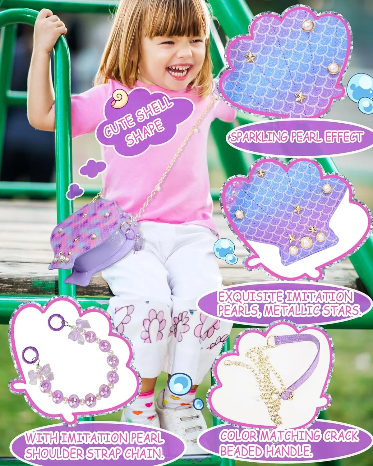 Shells Little Girl Crossbody Purse for Toddler,Shoulder Handbag,Pearl Princess Clutch Bag,Gifts for Birthday Xmas.