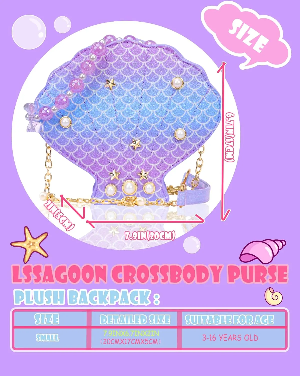 Shells Little Girl Crossbody Purse for Toddler,Shoulder Handbag,Pearl Princess Clutch Bag,Gifts for Birthday Xmas.