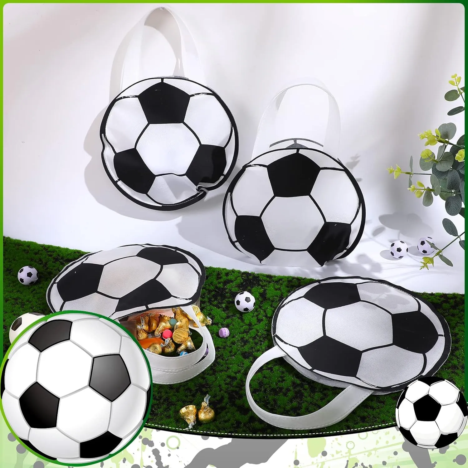 Shihanee 24 Pcs Soccer Themed Party Favor Bags - Ball Goody Candy Bags, Sport Game Treat Handbags, Non-Woven Gift Bags for Sport Theme Party Supplies