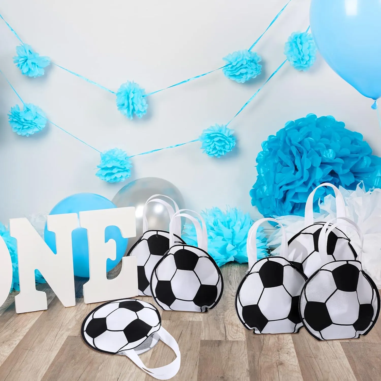 Shihanee 24 Pcs Soccer Themed Party Favor Bags - Ball Goody Candy Bags, Sport Game Treat Handbags, Non-Woven Gift Bags for Sport Theme Party Supplies