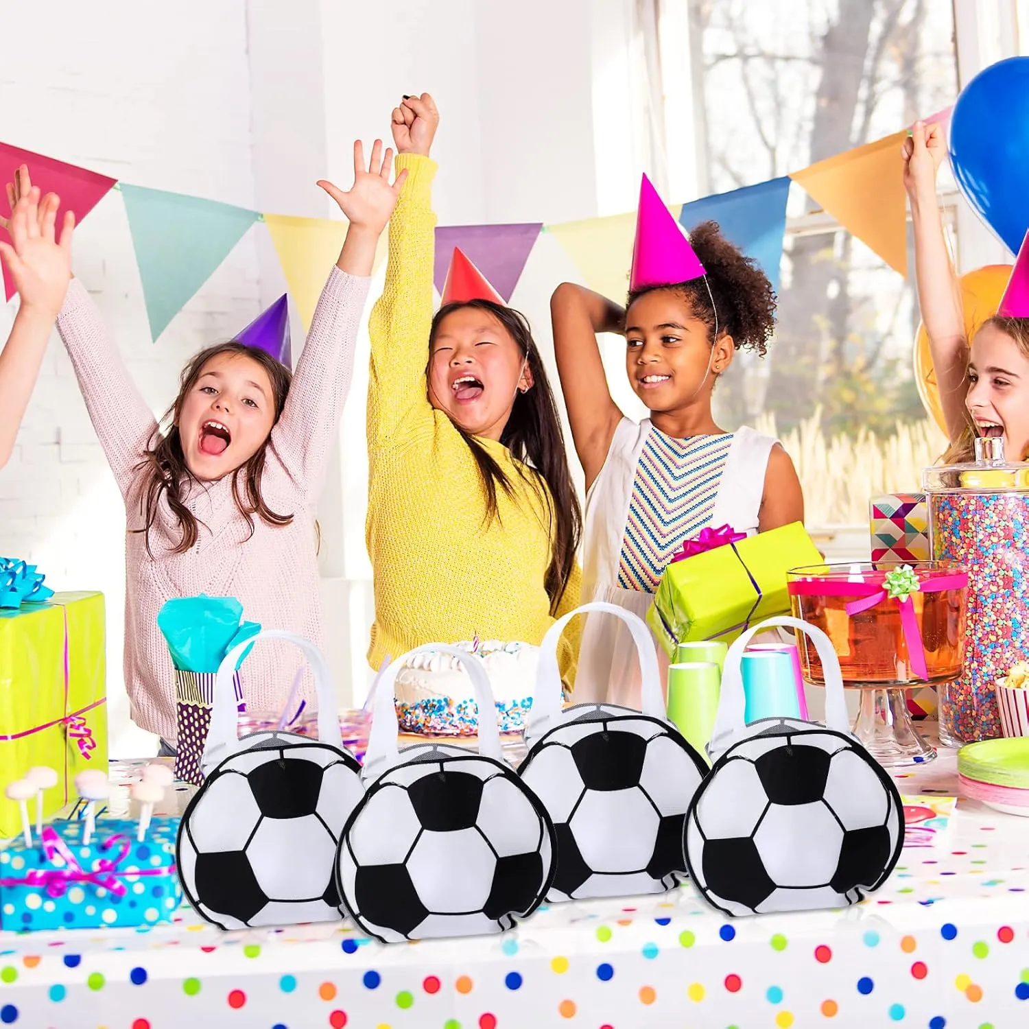 Shihanee 24 Pcs Soccer Themed Party Favor Bags - Ball Goody Candy Bags, Sport Game Treat Handbags, Non-Woven Gift Bags for Sport Theme Party Supplies