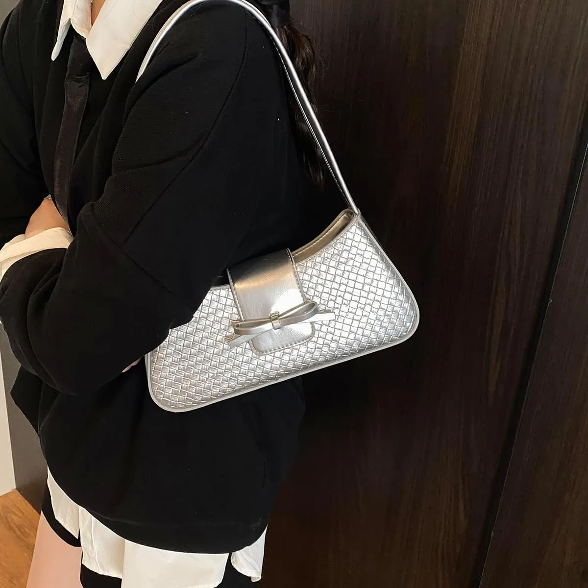 Shoulder Bags for Women Woven Purses and Handbags Coquette Bow Purse Y2k Bag Vegan Leather Small Clutch Hobo Handbag