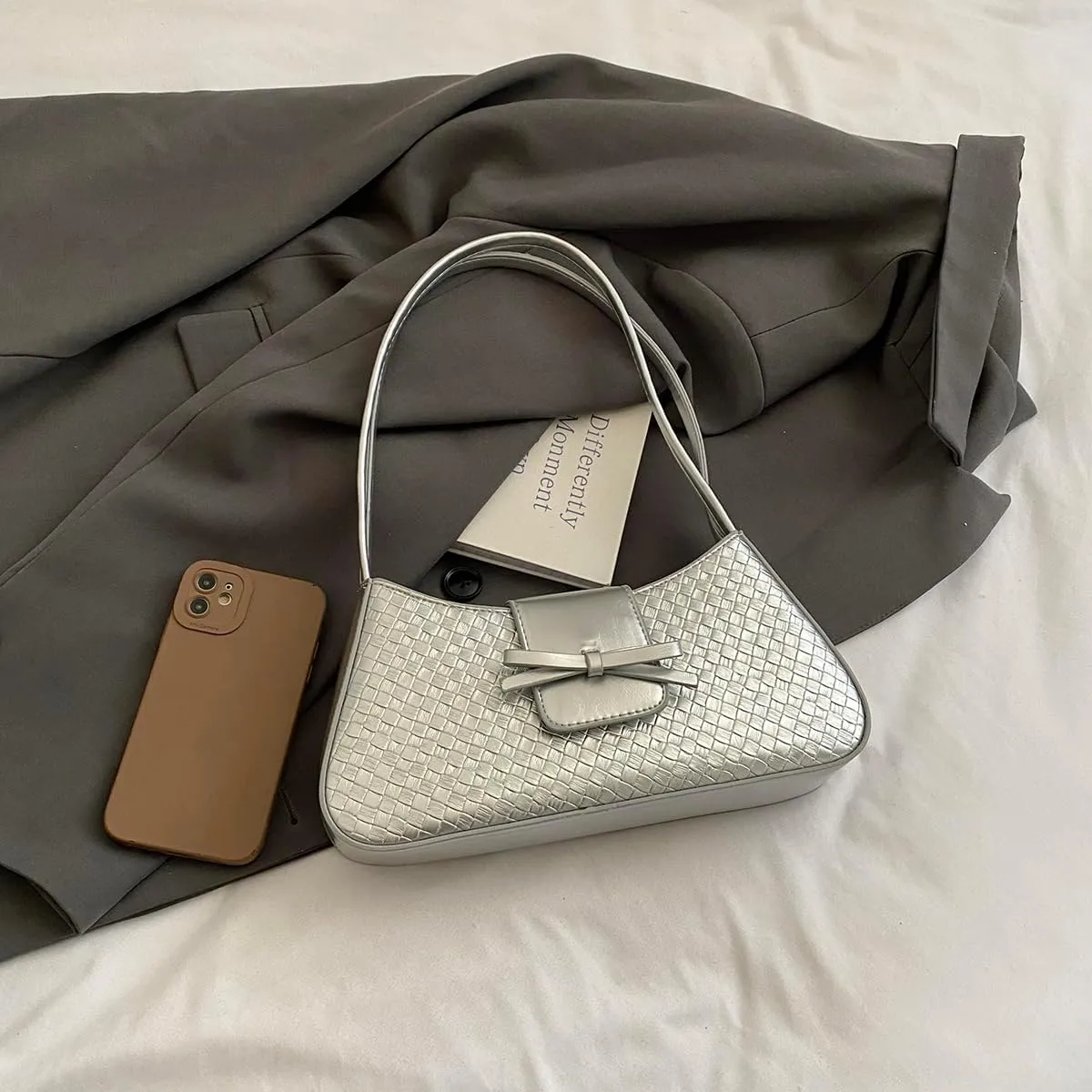 Shoulder Bags for Women Woven Purses and Handbags Coquette Bow Purse Y2k Bag Vegan Leather Small Clutch Hobo Handbag