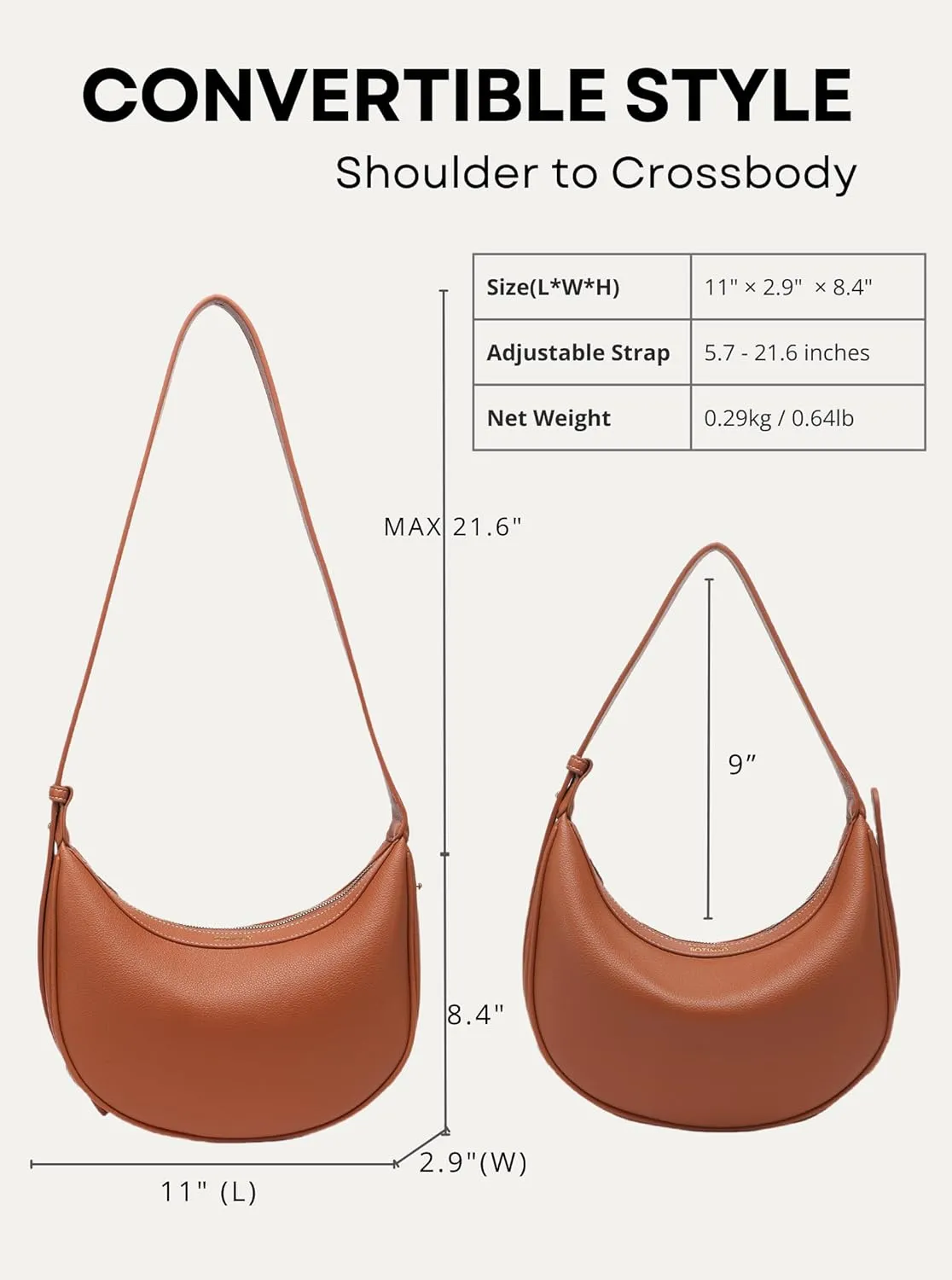 Shoulder Purses for Women Leather Crescent Handbag Mini Clutch Purse with Adjustable Strap Zipper Closure