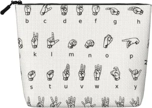 Sign Language Alphabet Print Makeup Bag Waterproof Travel Cosmetic Tote Zippered Pouch For Women Toiletry Bag