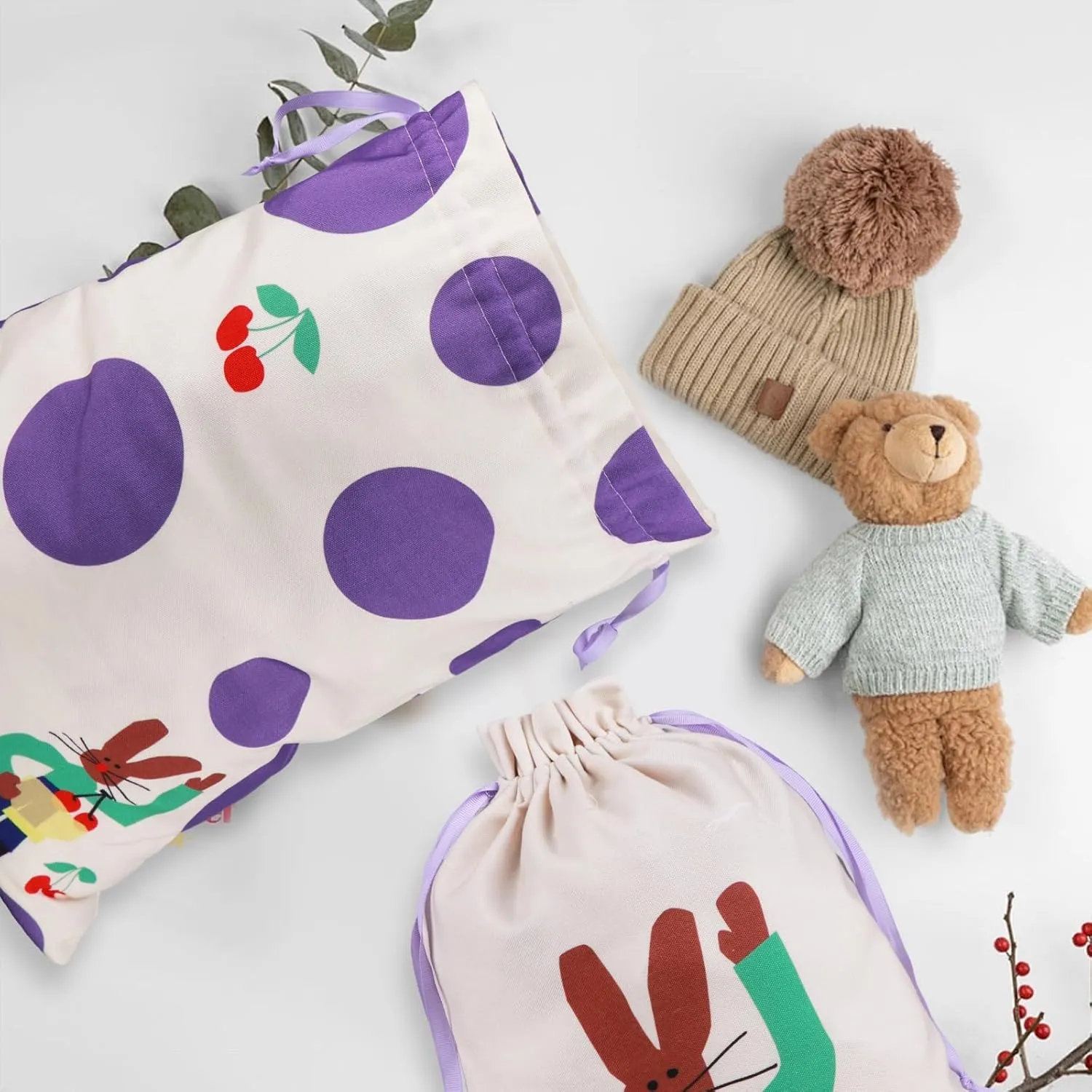 silenwest Premium Canvas Drawstring bags | Large 20" Medium 16" | Polka Dot Bunny Gift Bag for Birthday, Bridal shower, Wedding, Easter