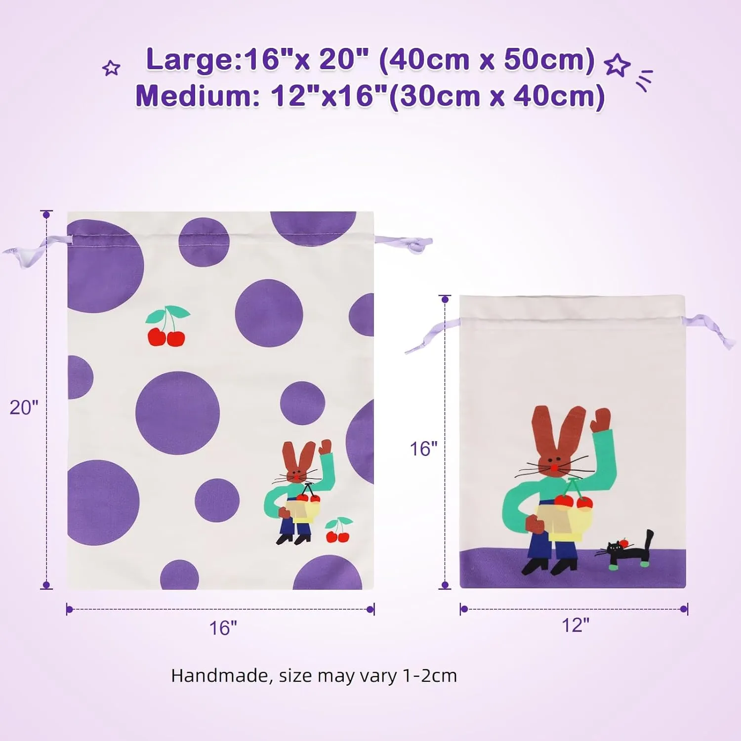silenwest Premium Canvas Drawstring bags | Large 20" Medium 16" | Polka Dot Bunny Gift Bag for Birthday, Bridal shower, Wedding, Easter