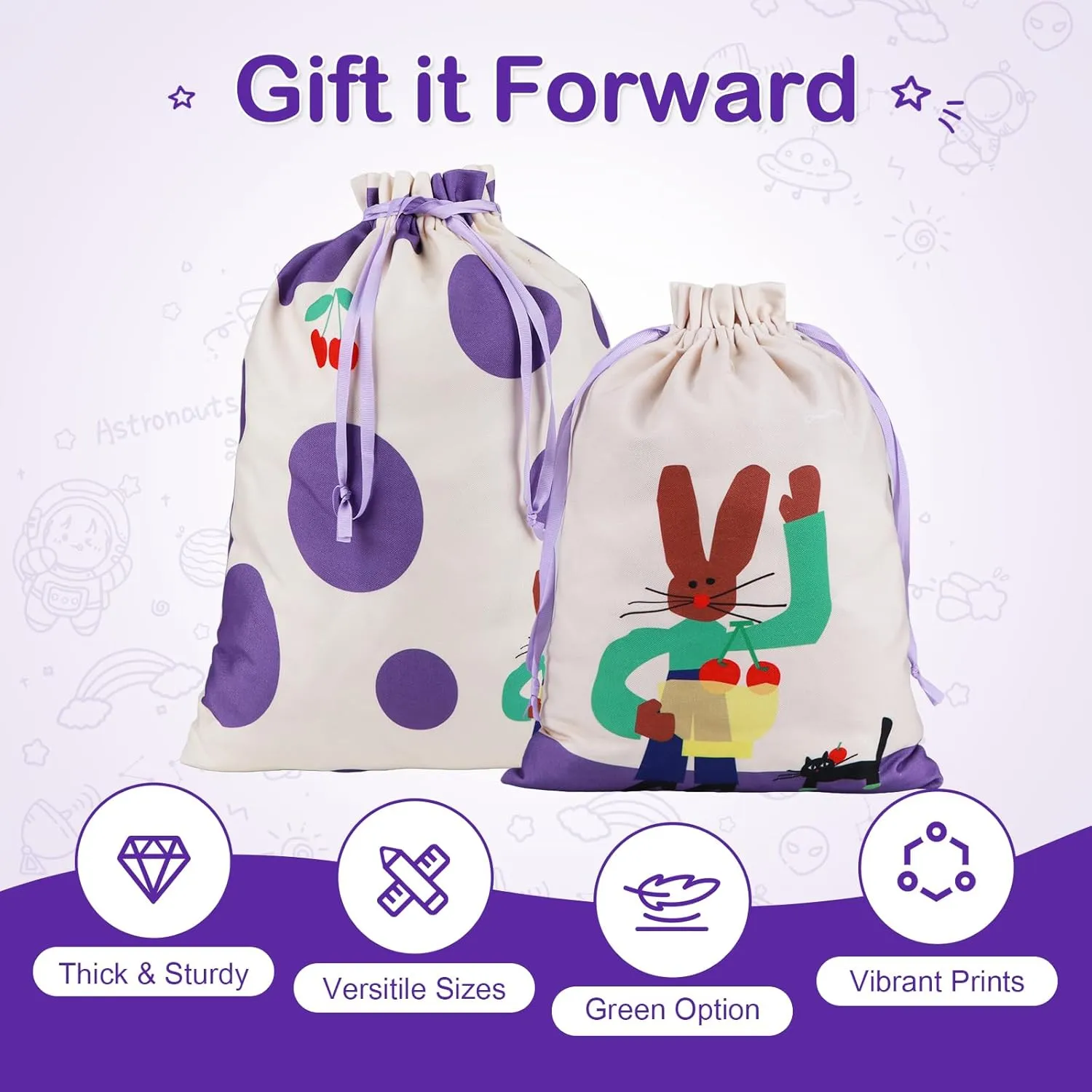 silenwest Premium Canvas Drawstring bags | Large 20" Medium 16" | Polka Dot Bunny Gift Bag for Birthday, Bridal shower, Wedding, Easter