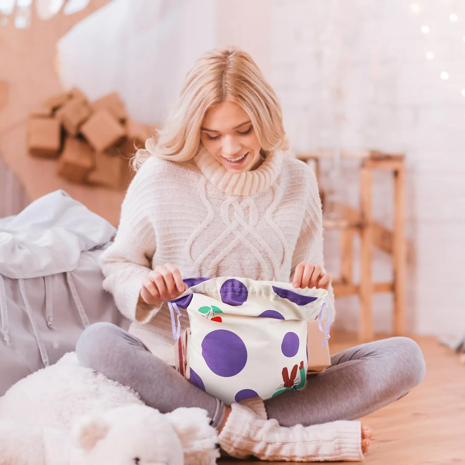 silenwest Premium Canvas Drawstring bags | Large 20" Medium 16" | Polka Dot Bunny Gift Bag for Birthday, Bridal shower, Wedding, Easter