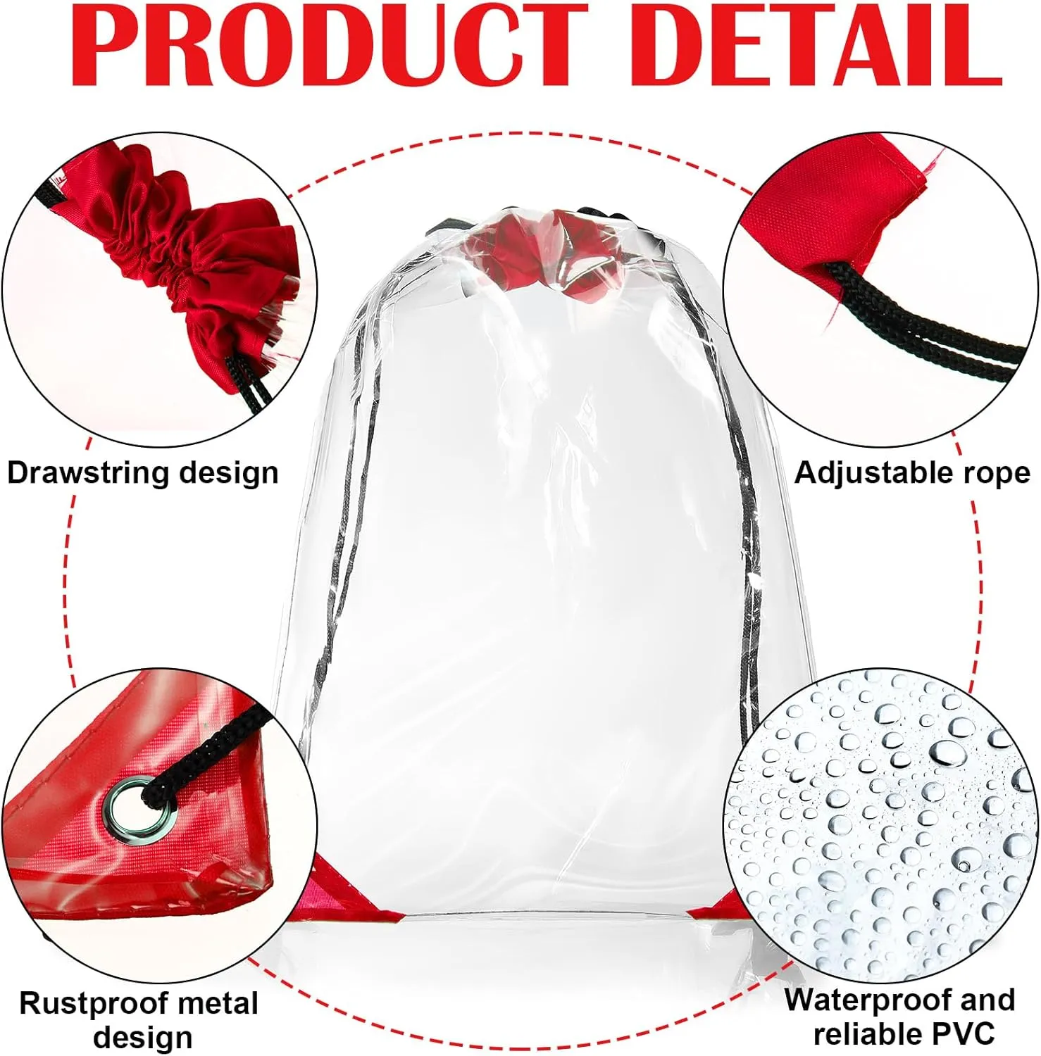 Silkfly 50 Pcs Clear Drawstring Backpacks Bulk Stadium Approved Bags for Men Women Gym Sport Event Security (Red)