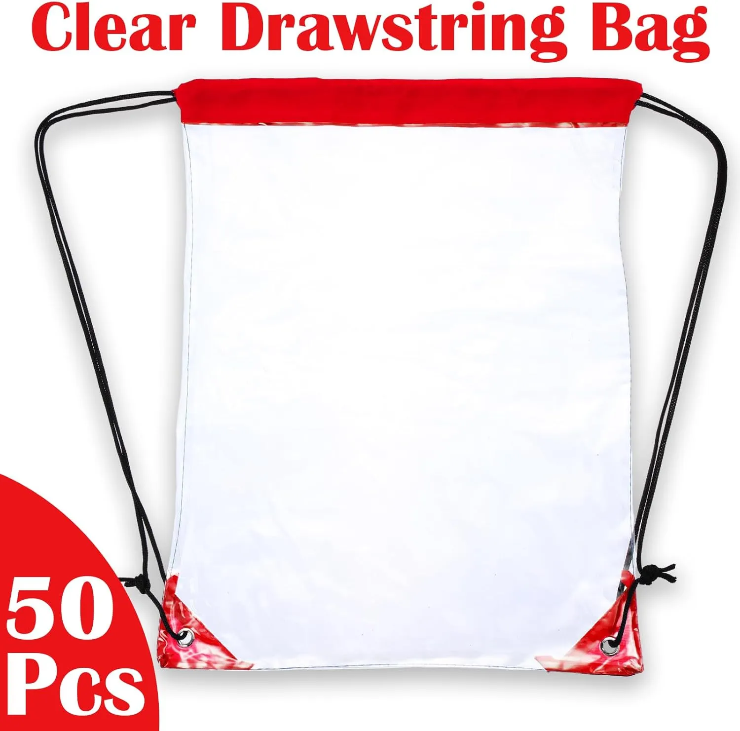Silkfly 50 Pcs Clear Drawstring Backpacks Bulk Stadium Approved Bags for Men Women Gym Sport Event Security (Red)