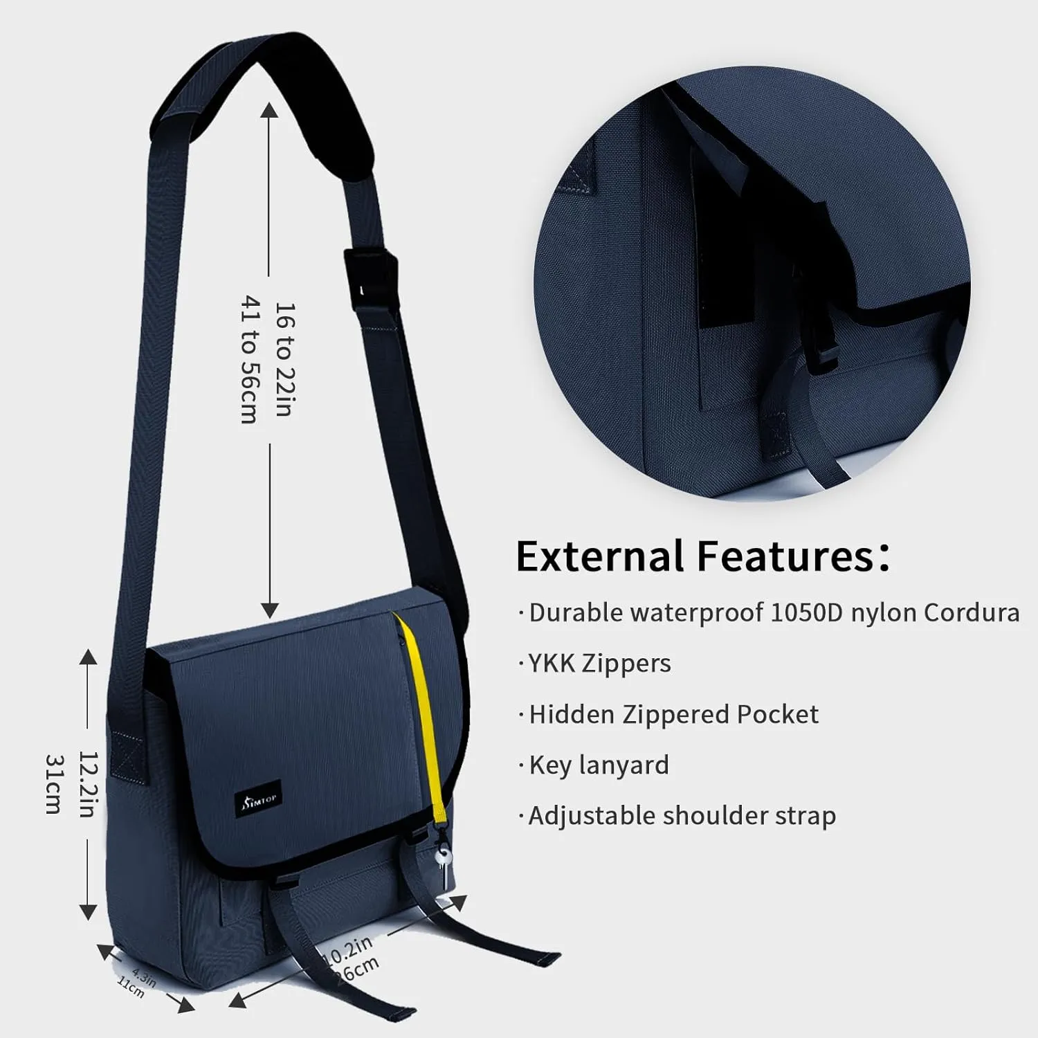SIMTOP Messenger Bag Crossbody Shoulder Bag for Commuters and Travelers Water Resistant Scratch and Wear Cordura YKK Zipper