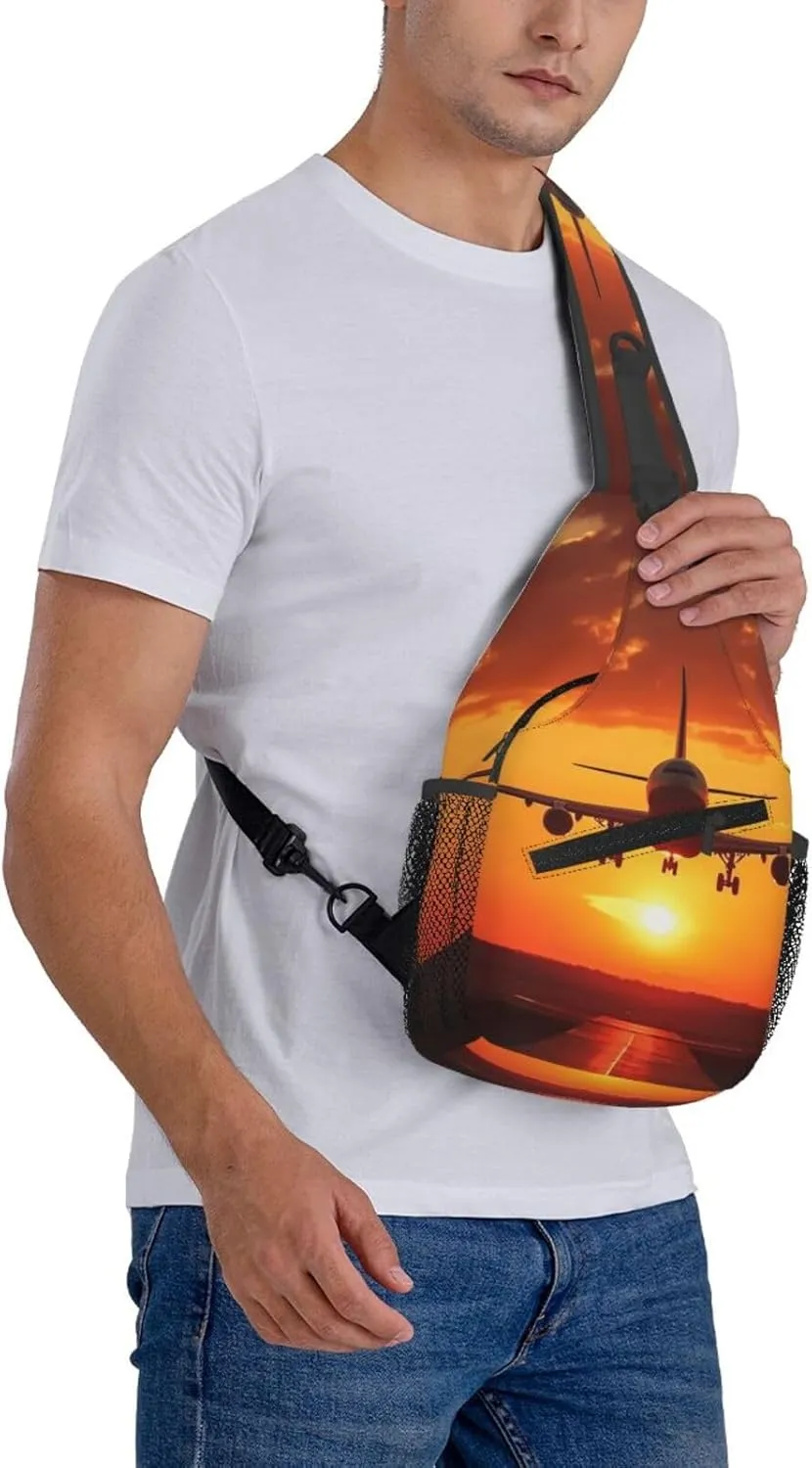 Sling Backpack Bag For Men Airplane Sunset Cross Chest Bag Crossbody Shoulder Bag Travel Hiking Daypack