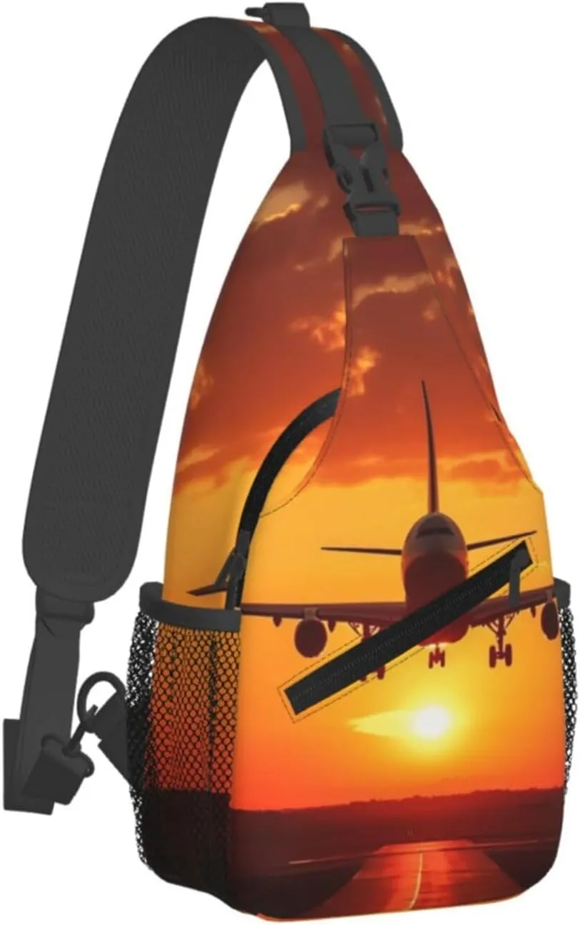 Sling Backpack Bag For Men Airplane Sunset Cross Chest Bag Crossbody Shoulder Bag Travel Hiking Daypack