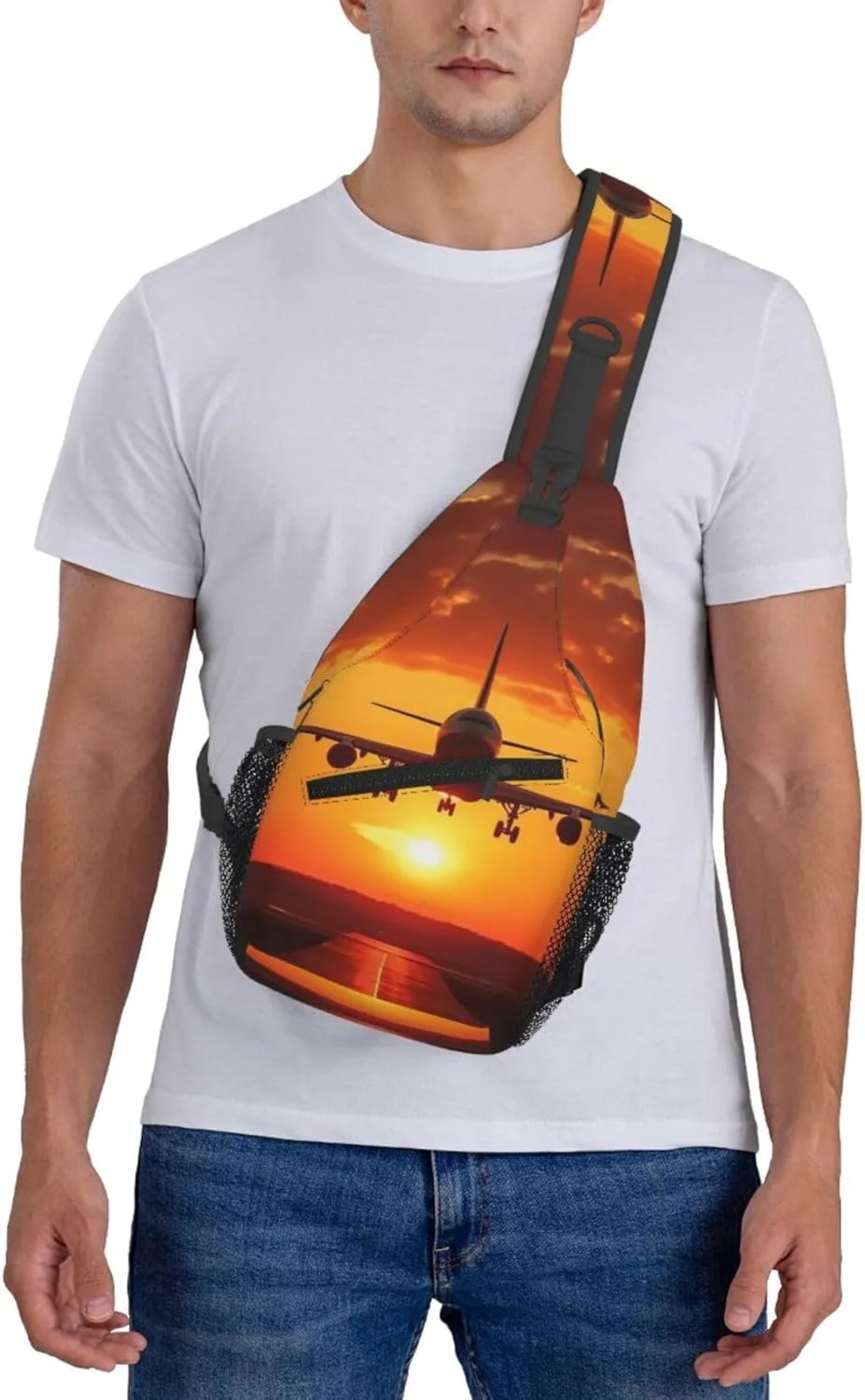 Sling Backpack Bag For Men Airplane Sunset Cross Chest Bag Crossbody Shoulder Bag Travel Hiking Daypack