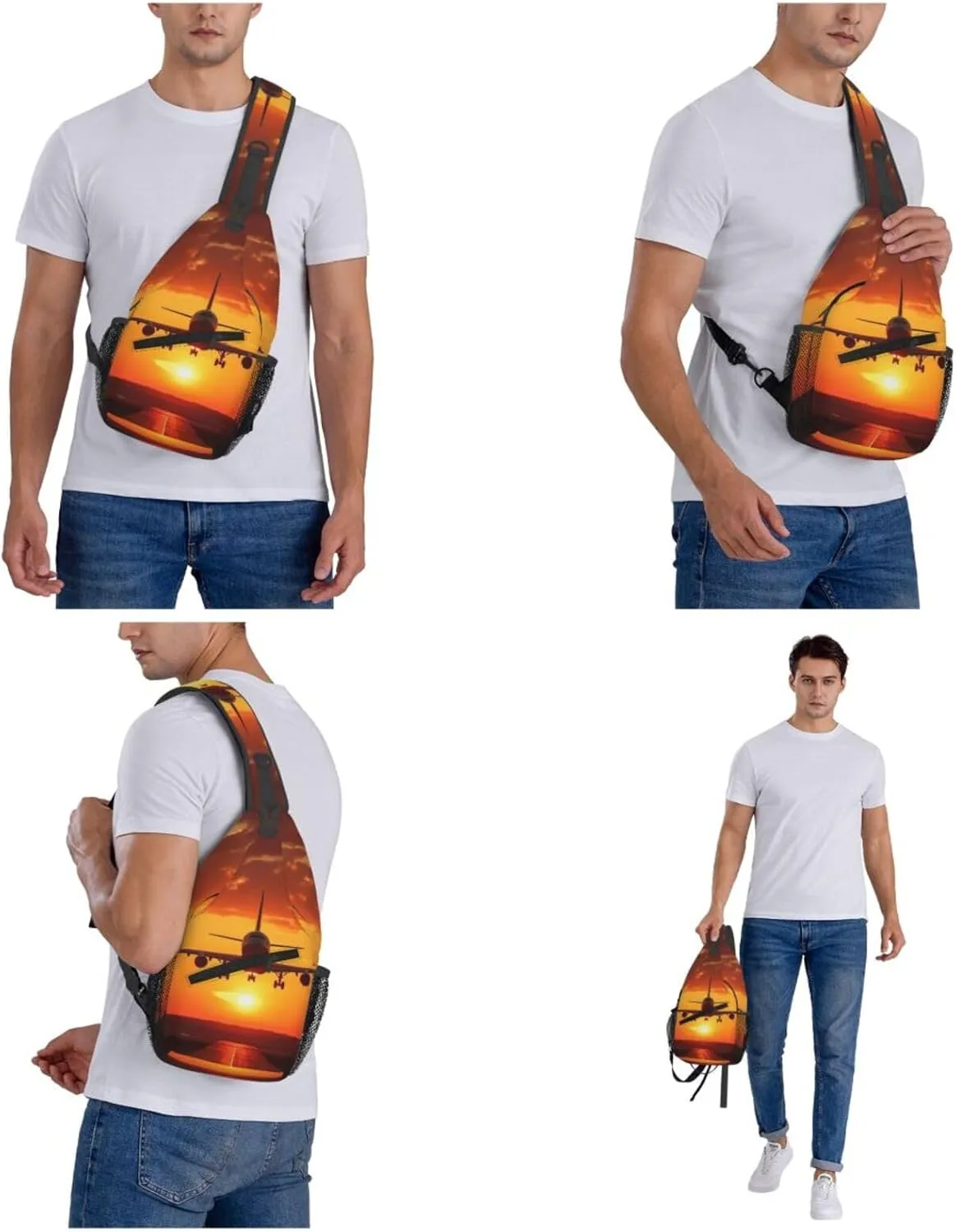 Sling Backpack Bag For Men Airplane Sunset Cross Chest Bag Crossbody Shoulder Bag Travel Hiking Daypack