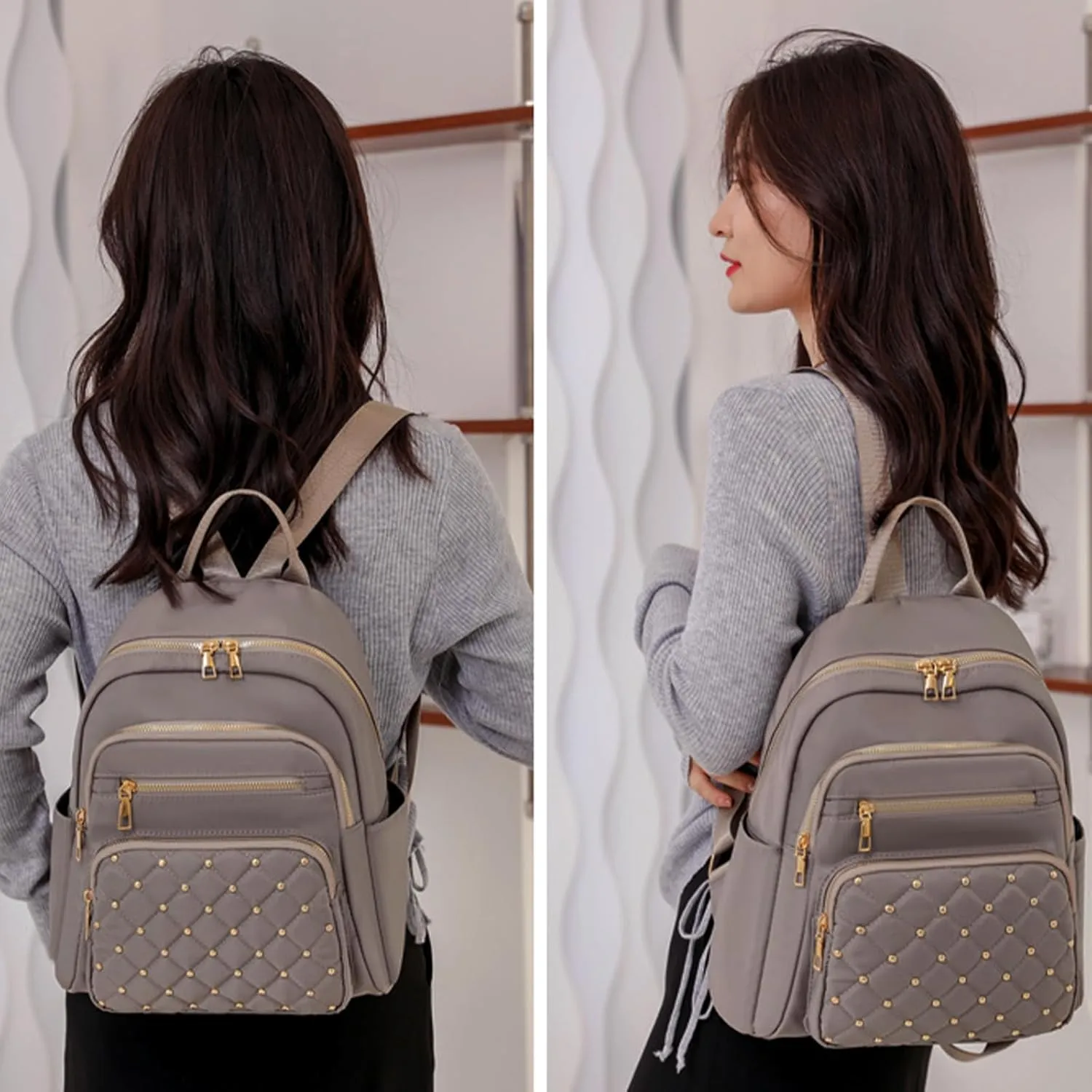 Small Backpack for Women Mini Travel Backpack Purse PU Leather Small Purses Cute Lightweight Back Pack Khaki Trendy Studded Bag