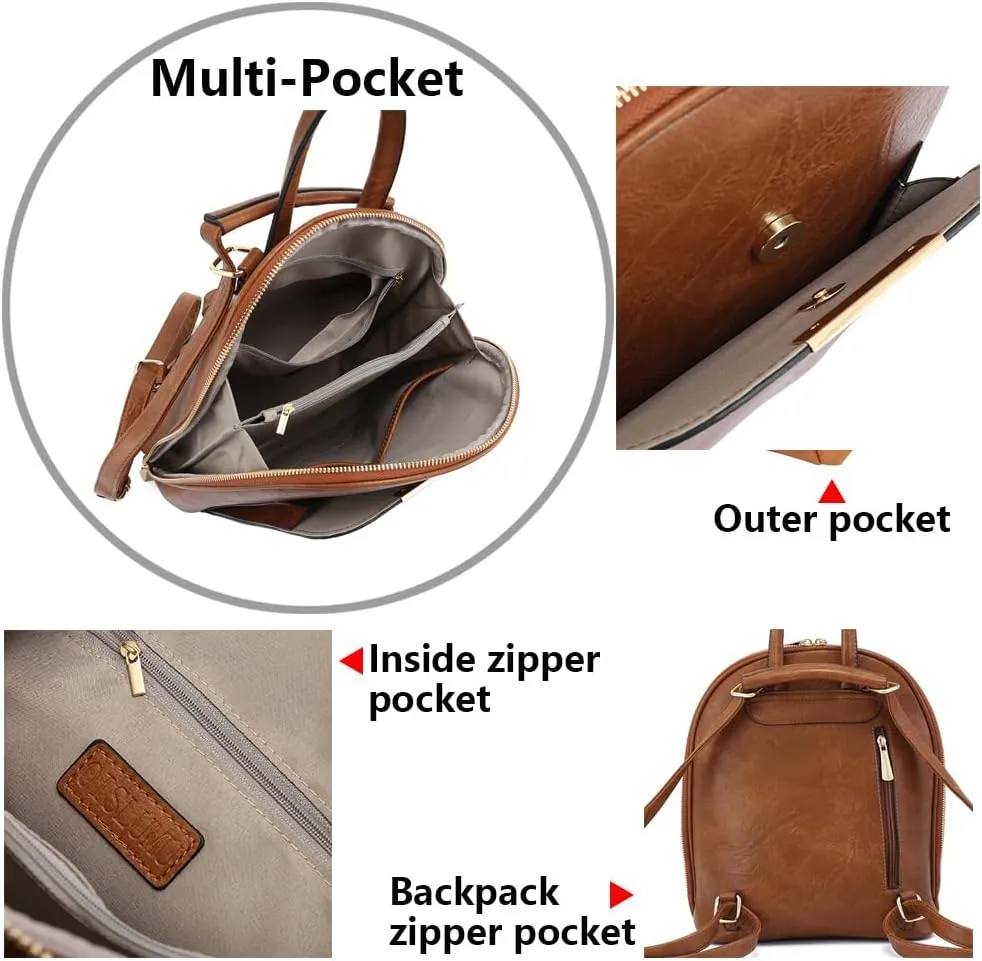 Small Backpack Purse for Women Multi Pocket PU Leather Lightweight Handbags Convertible Travel Shoulder Handbag (Brown Medium)