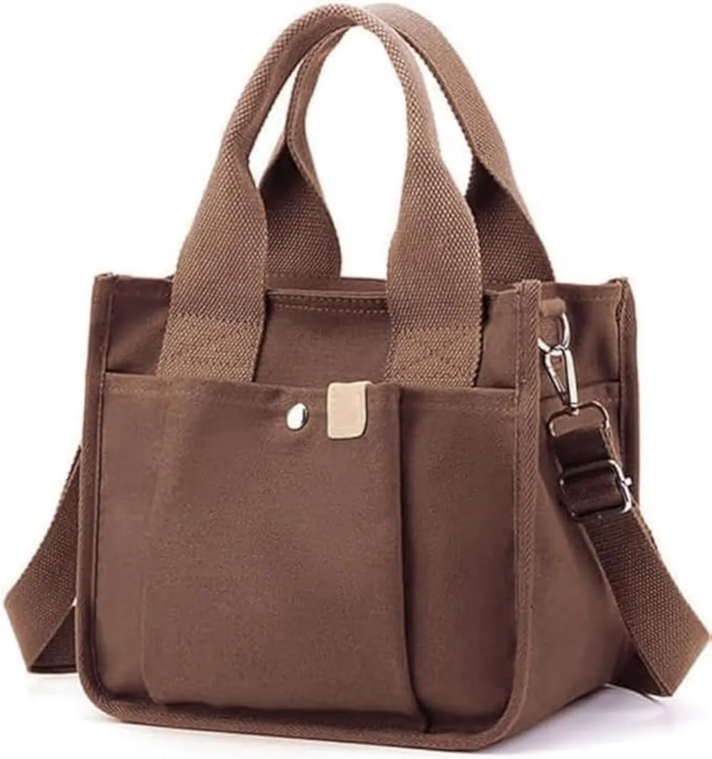 Small Canvas Tote Bag with Zipper, Canvas Multi-Pocket Crossbody Bag Purse Top Handle Satchel Handbags