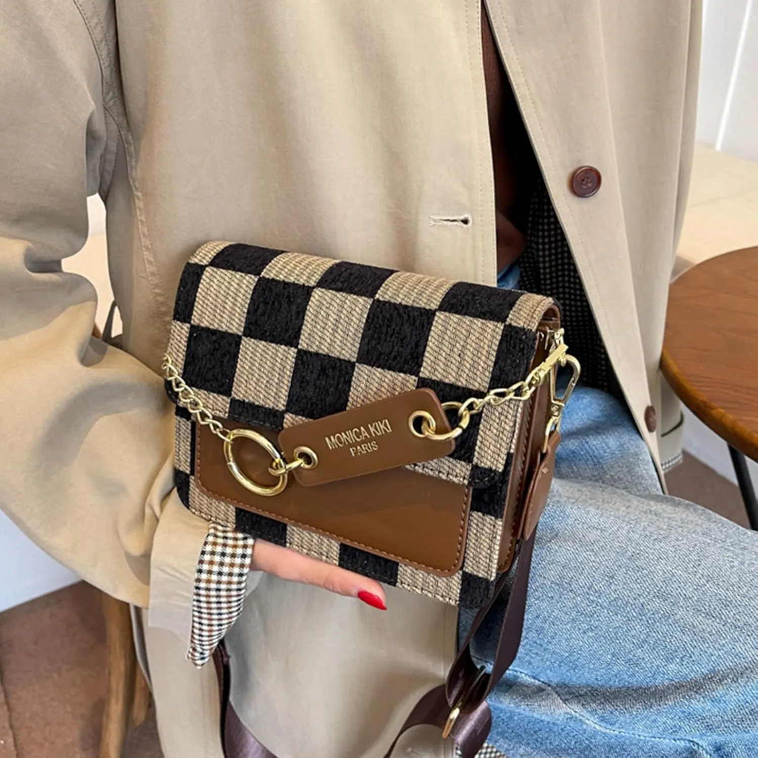 Small Crossbody Bag for Women, Checkerboard Shoulder Bag, Vintage Chain Satchel, Retro Hobo Purse