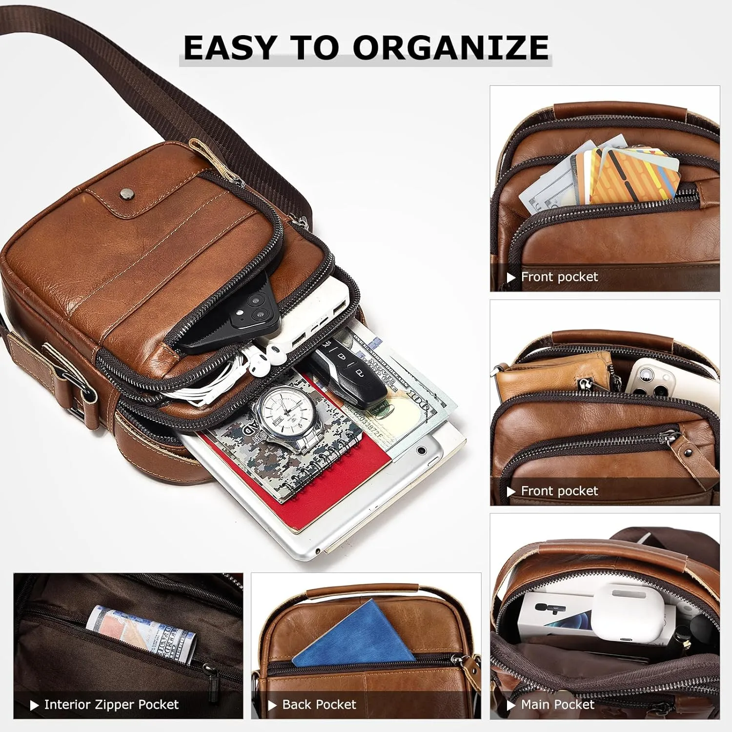 Small Messenger Bag for Men, Vintage Crossbody Bag Sling Shoulder Purse Genuine Leather Satchel Pouch Man Handbag