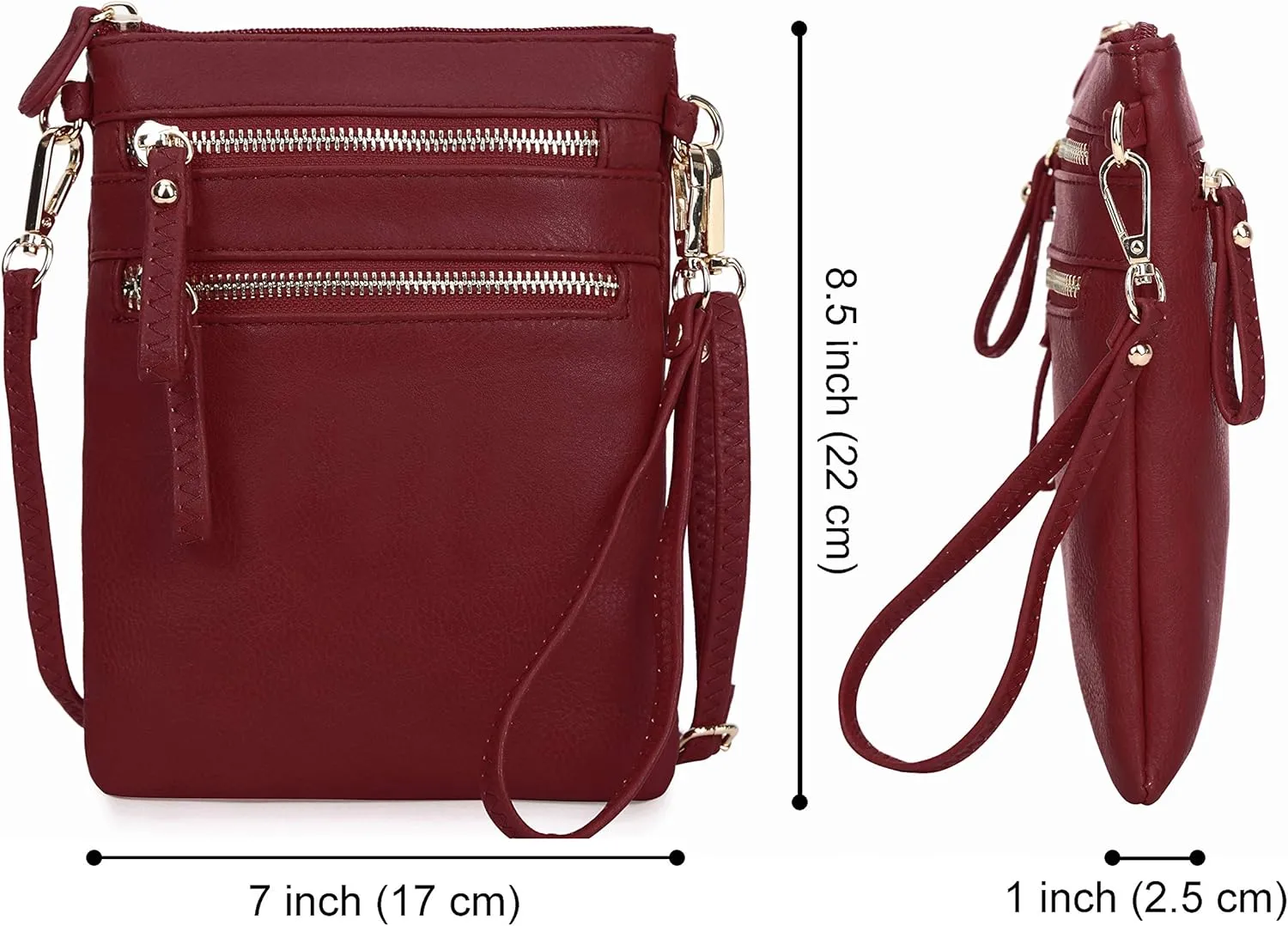 Solene Small Crossbody Bag for Women, Multi Zip Pockets with Detachable Wristlet, Lightweight Travel Purse, Cell Phone Pouch