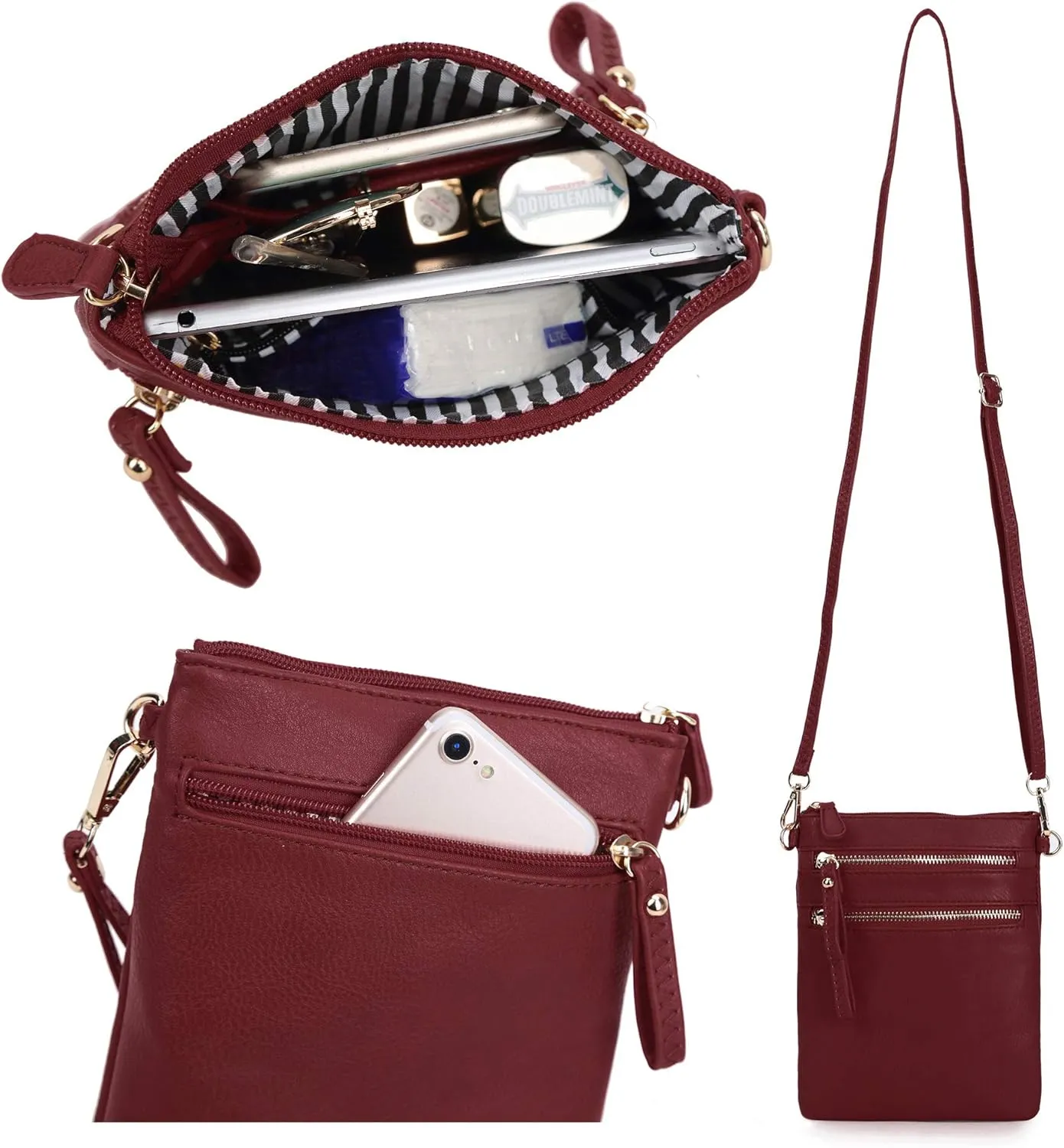 Solene Small Crossbody Bag for Women, Multi Zip Pockets with Detachable Wristlet, Lightweight Travel Purse, Cell Phone Pouch