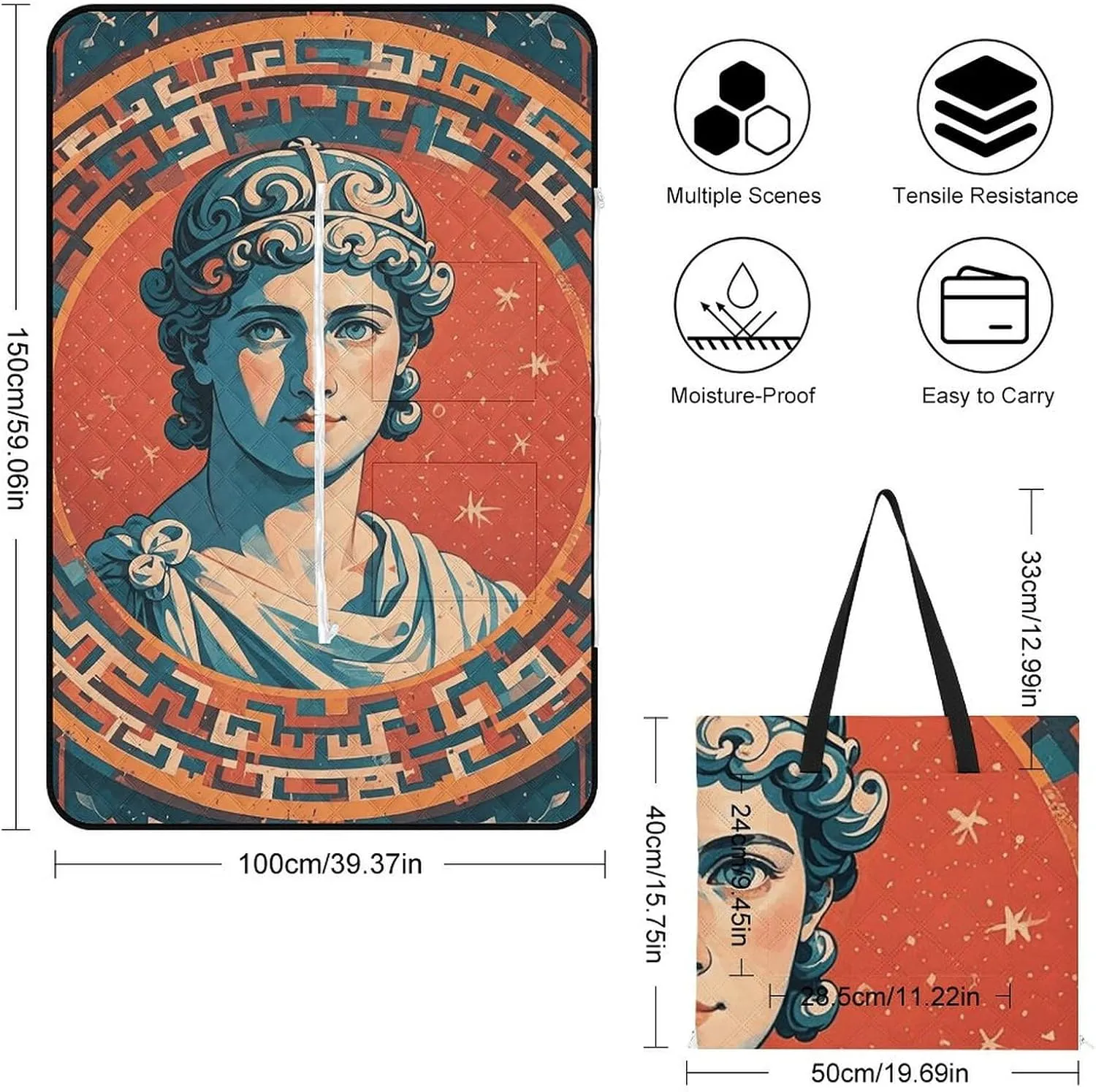Stamped with Ancient Rome Picnic Blankets Waterproof Blanket Outdoor Beach Blanket with Tote Bag Design, Foldable Picnic Mat for Camping, Beach, Park 150x100cm